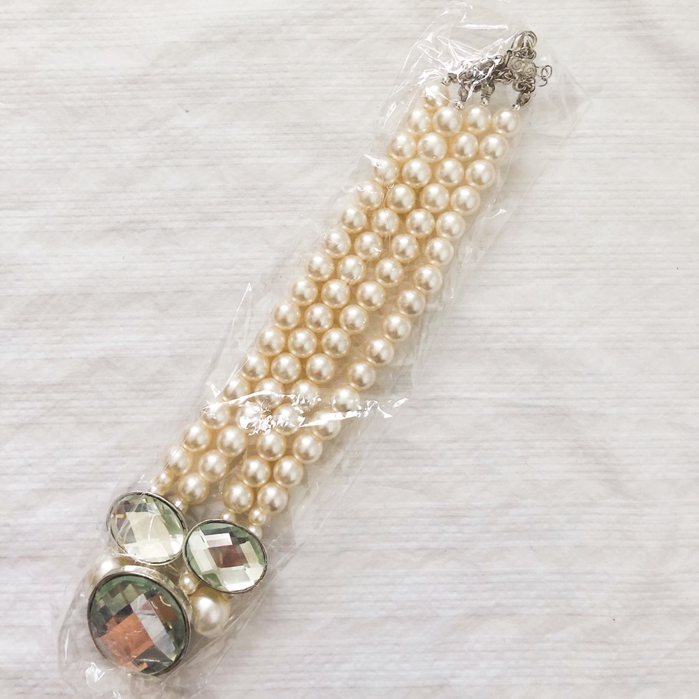 Layered Faux Pearl Beaded Crystal Statement Necklace Multi-Strand Silver Chain - Picture 8 of 10